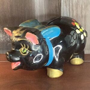 Wales Vintage Redware Black Ceramic Piggy Bank w Bow Handpainted Made in Japan